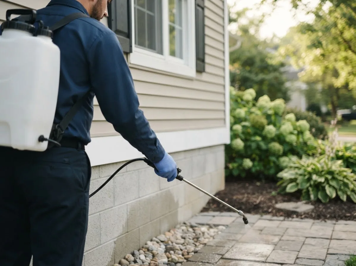 Pest control technician inspecting a home in Oakwood, IL